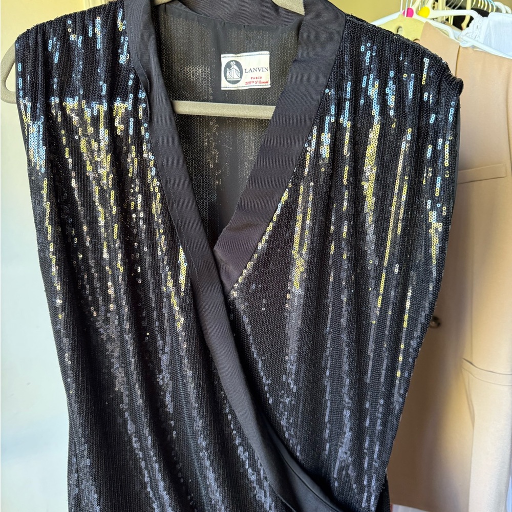 Lanvin Black and Gold Sequin Wrap Dress